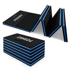 FOSHIO front view of blue mat showing full-size protection and portability
