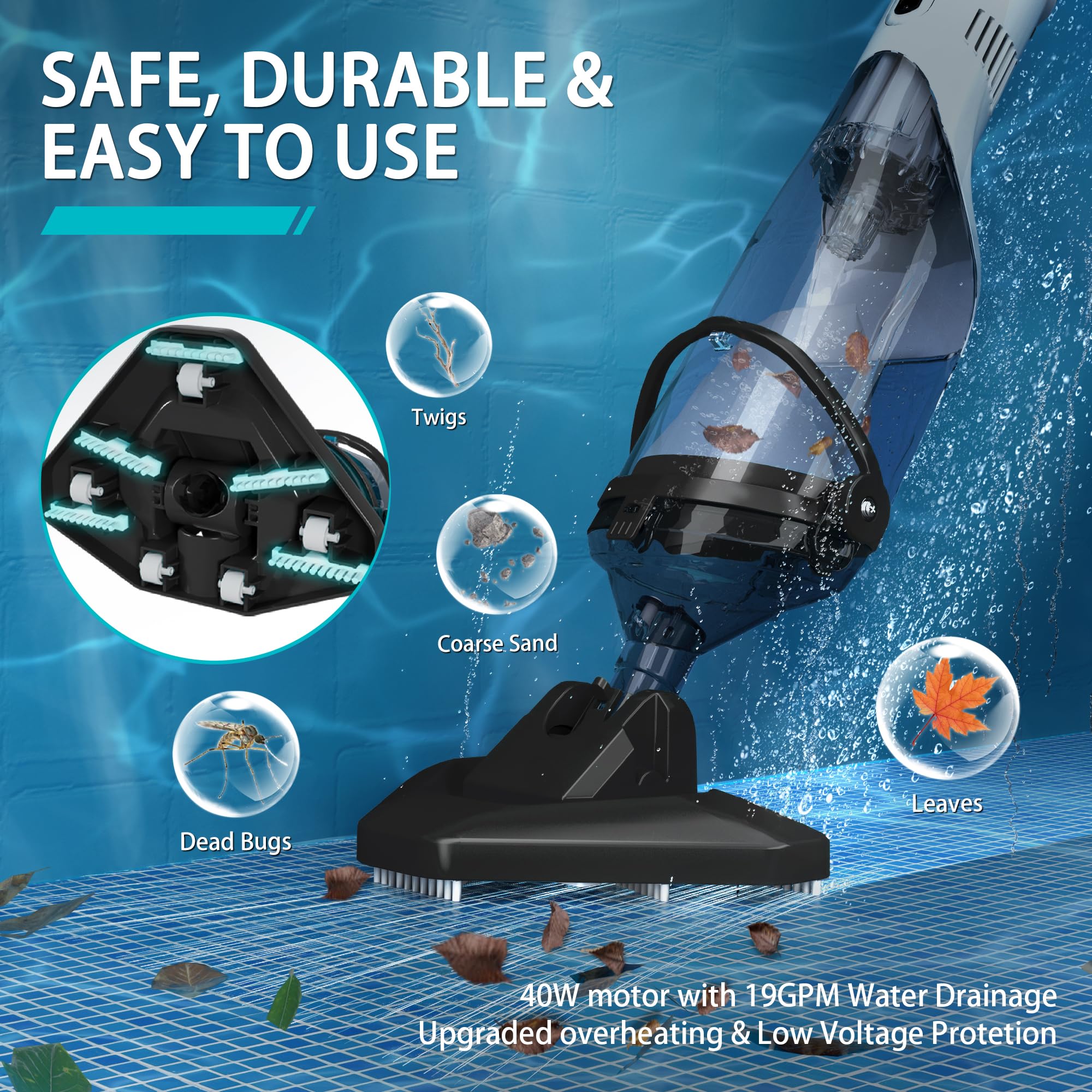 FOTING close-up of washable filter screen, shows debris capture and easy cleaning