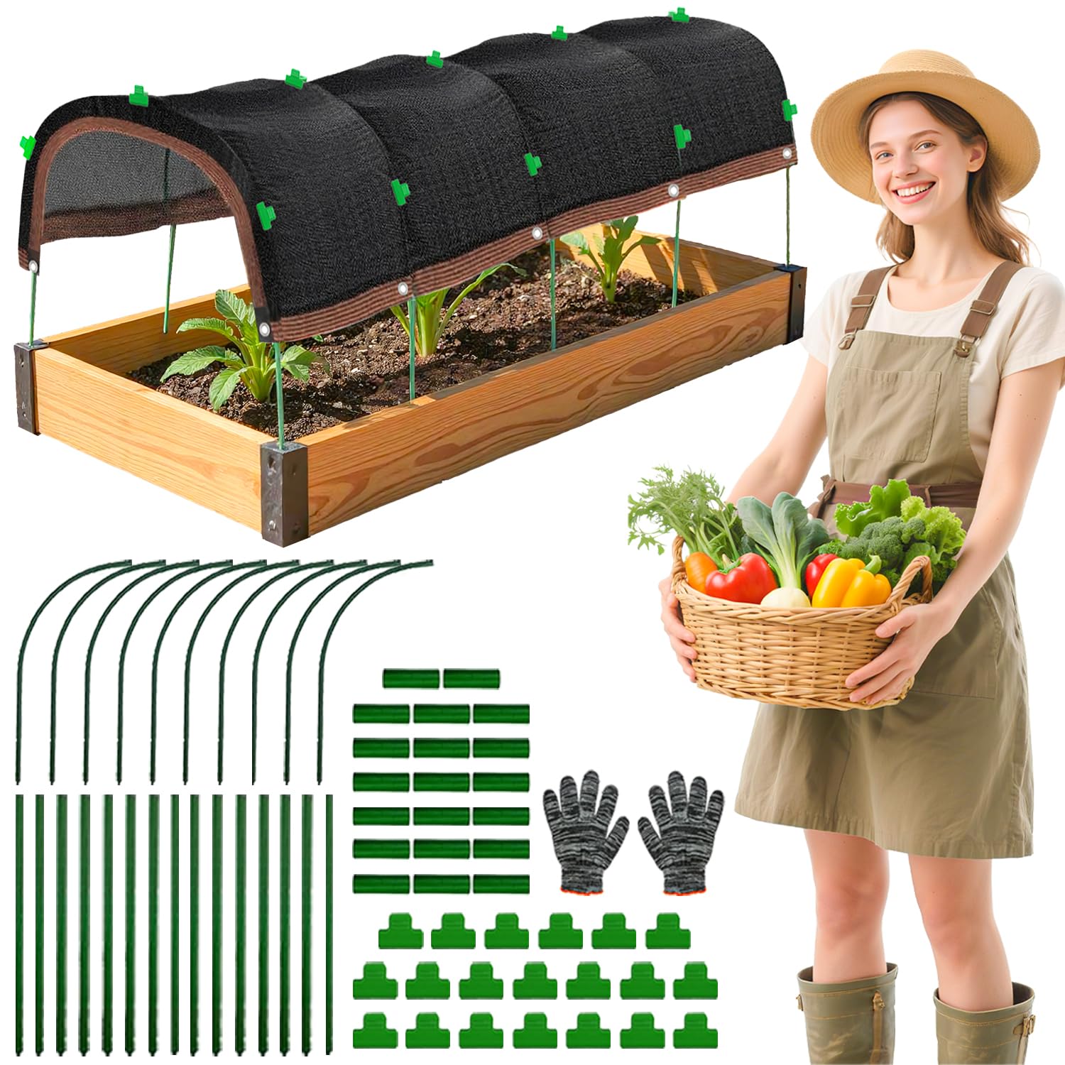 FOTSHARER front view of full garden shade kit showing contents and benefit of complete protection