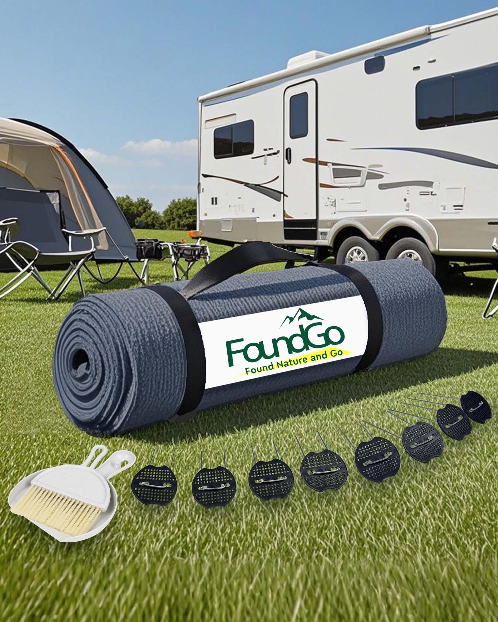 FoundGo front view of blue-grey awning carpet showing clean minimalist look and durability