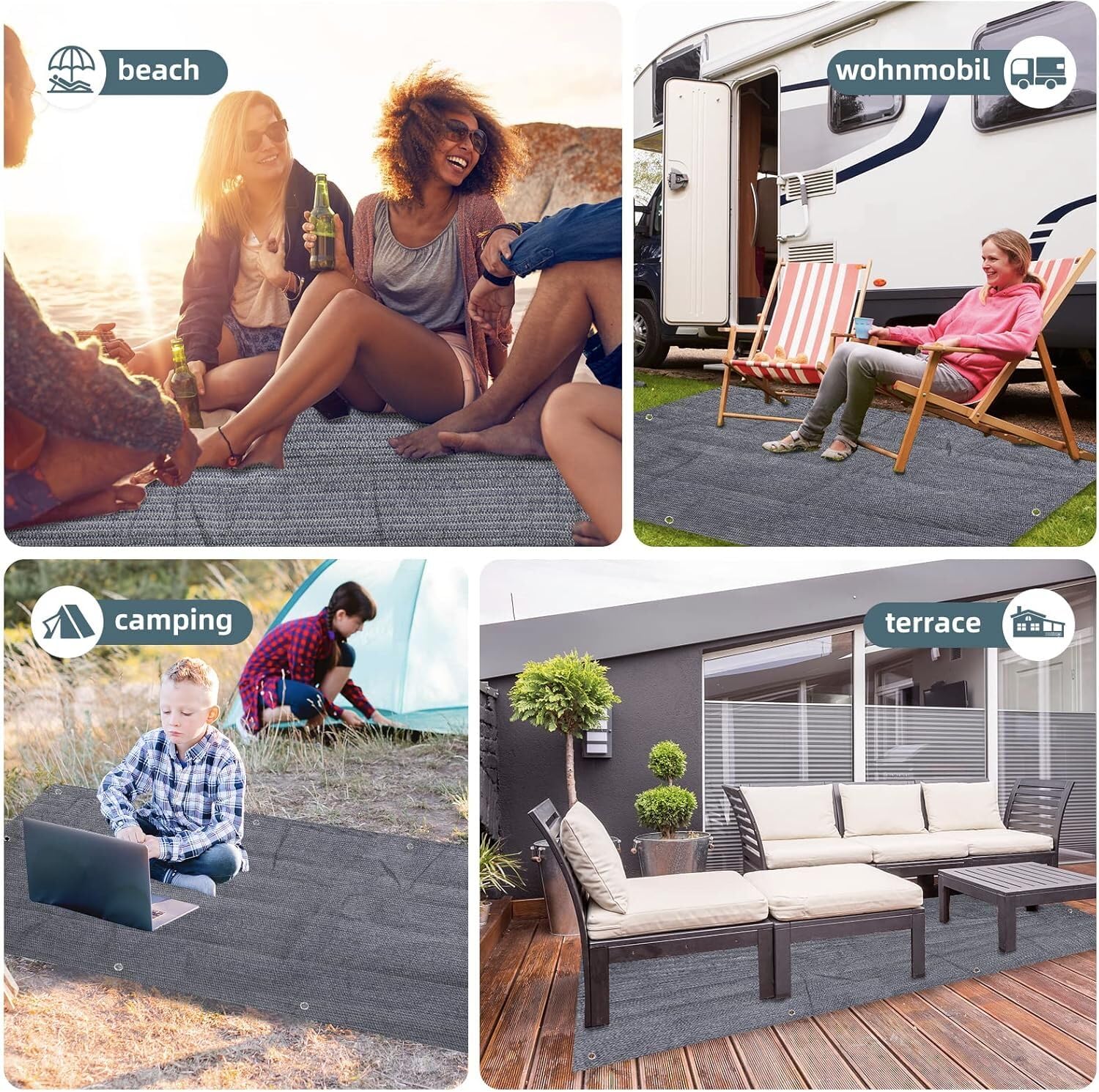 FoundGo carpet next to camping chair illustrating full-size 9x6 foot coverage