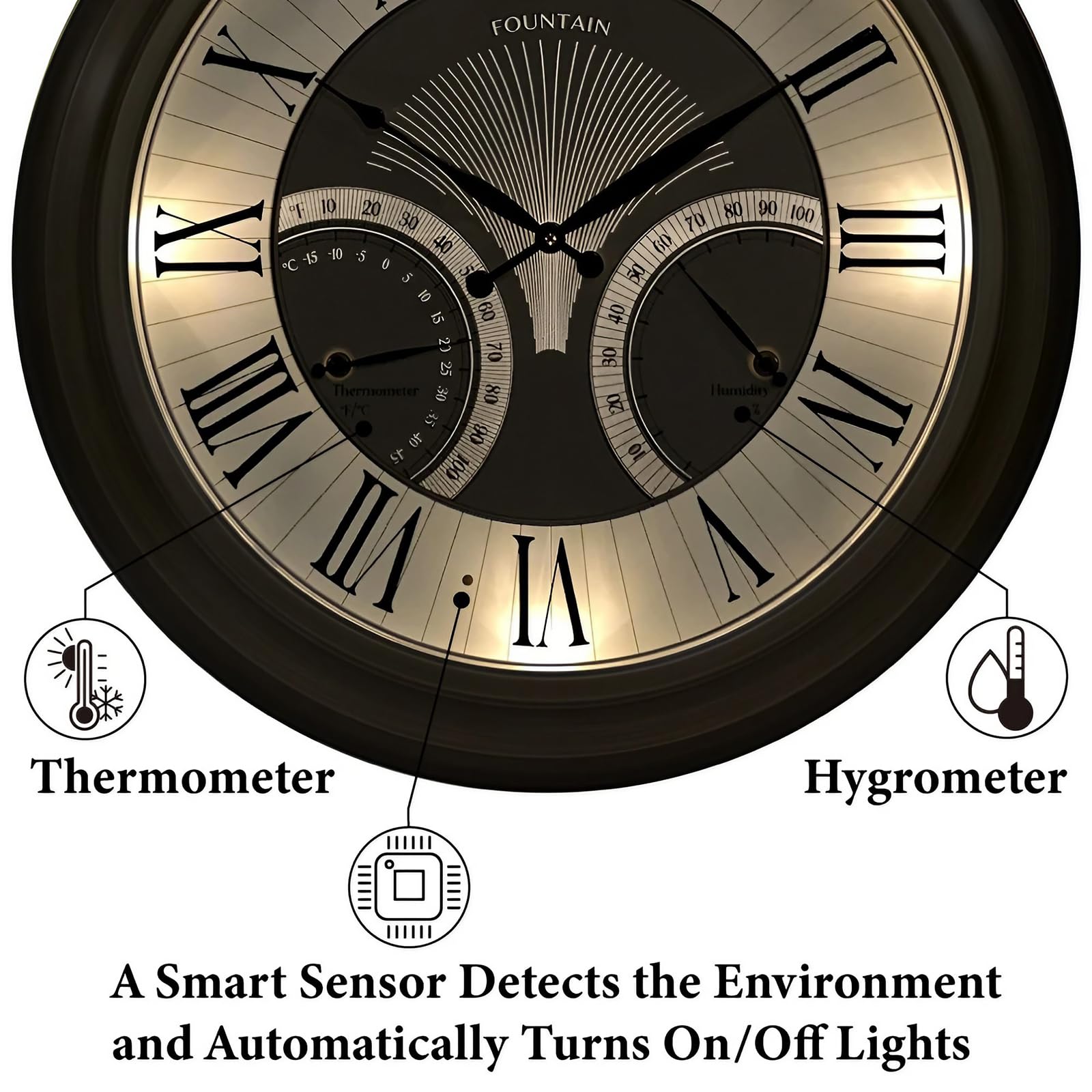 FOUNTAIN DESIGNS clock illuminated at night with warm LEDs for improved visibility