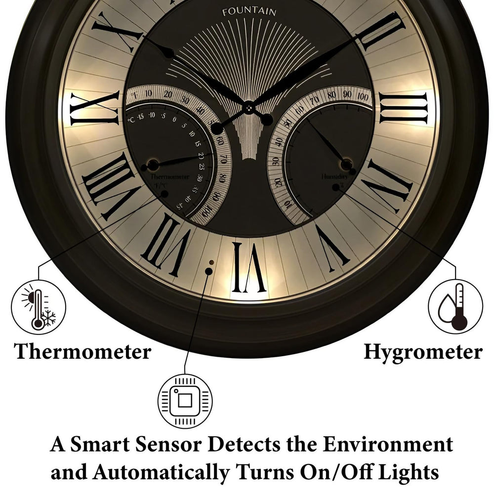 FOUNTAIN DESIGNS clock illuminated at night with warm LEDs for improved visibility
