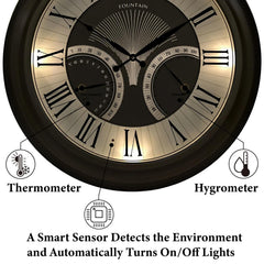FOUNTAIN DESIGNS clock illuminated at night with warm LEDs for improved visibility