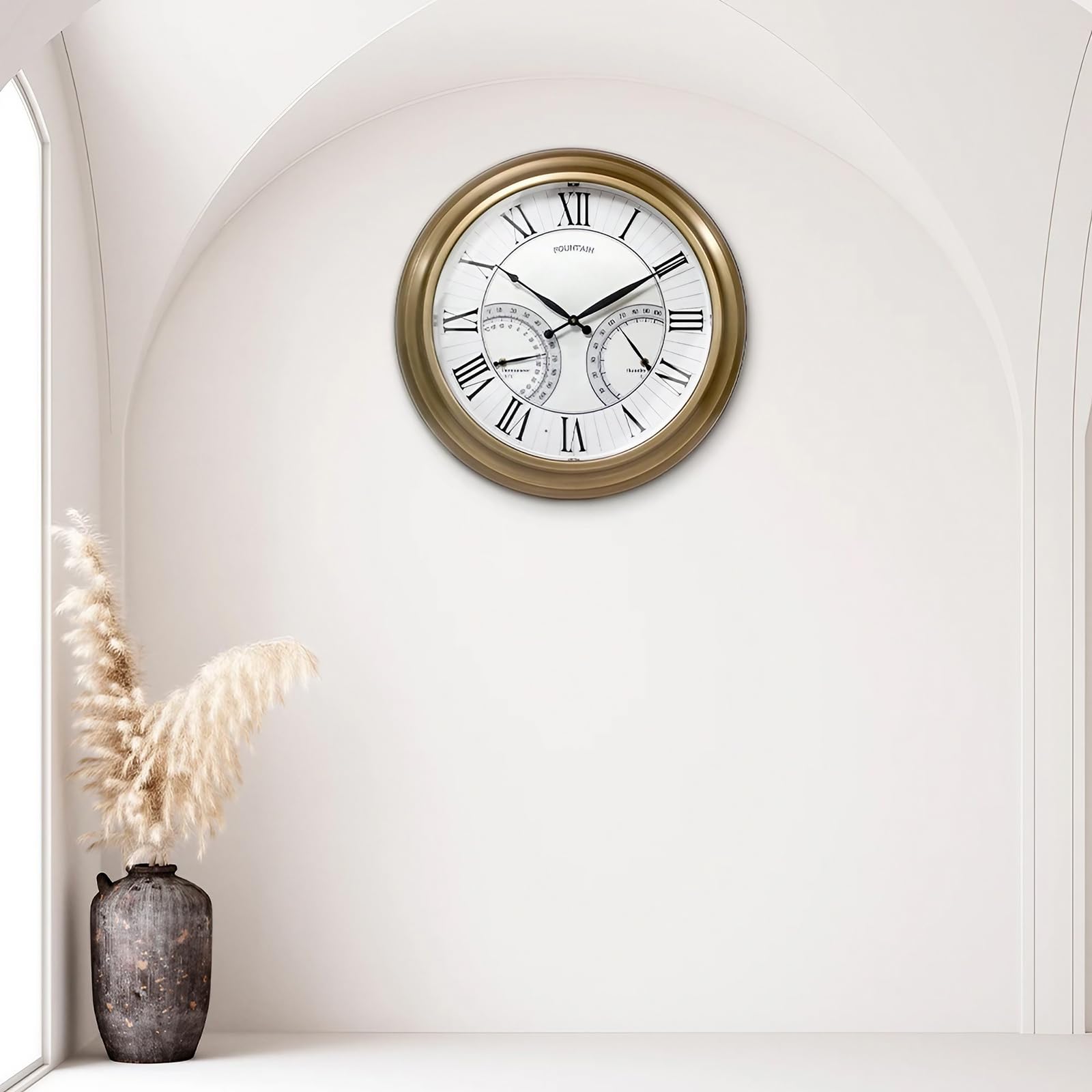 FOUNTAIN DESIGNS clock mounted on patio wall providing stylish timekeeping outdoors