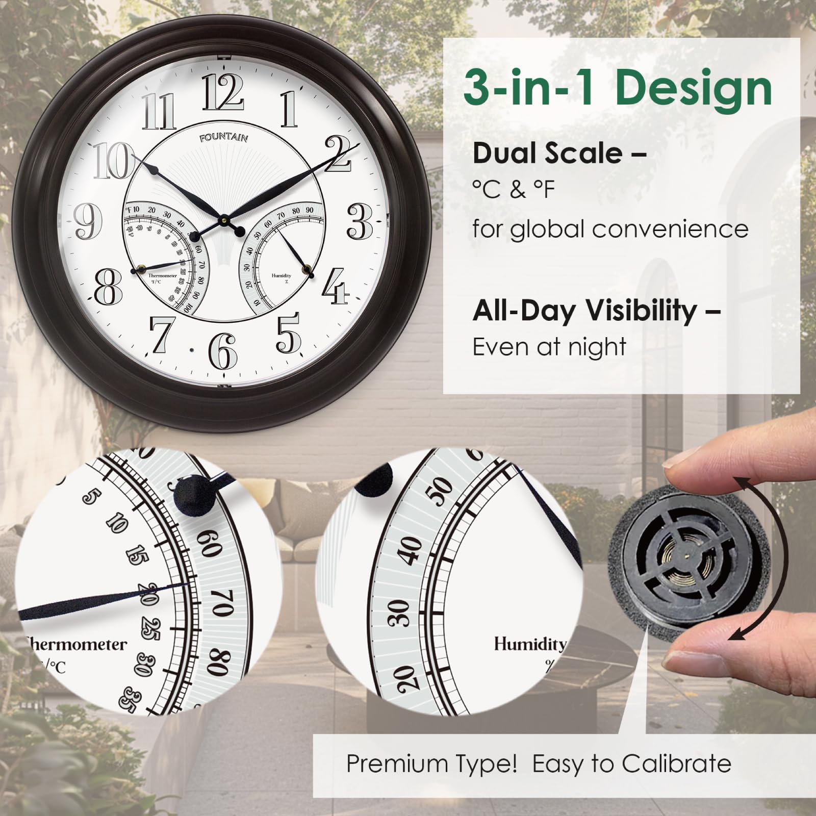 FOUNTAIN DESIGNS thermometer and hygrometer close-up for quick environment info