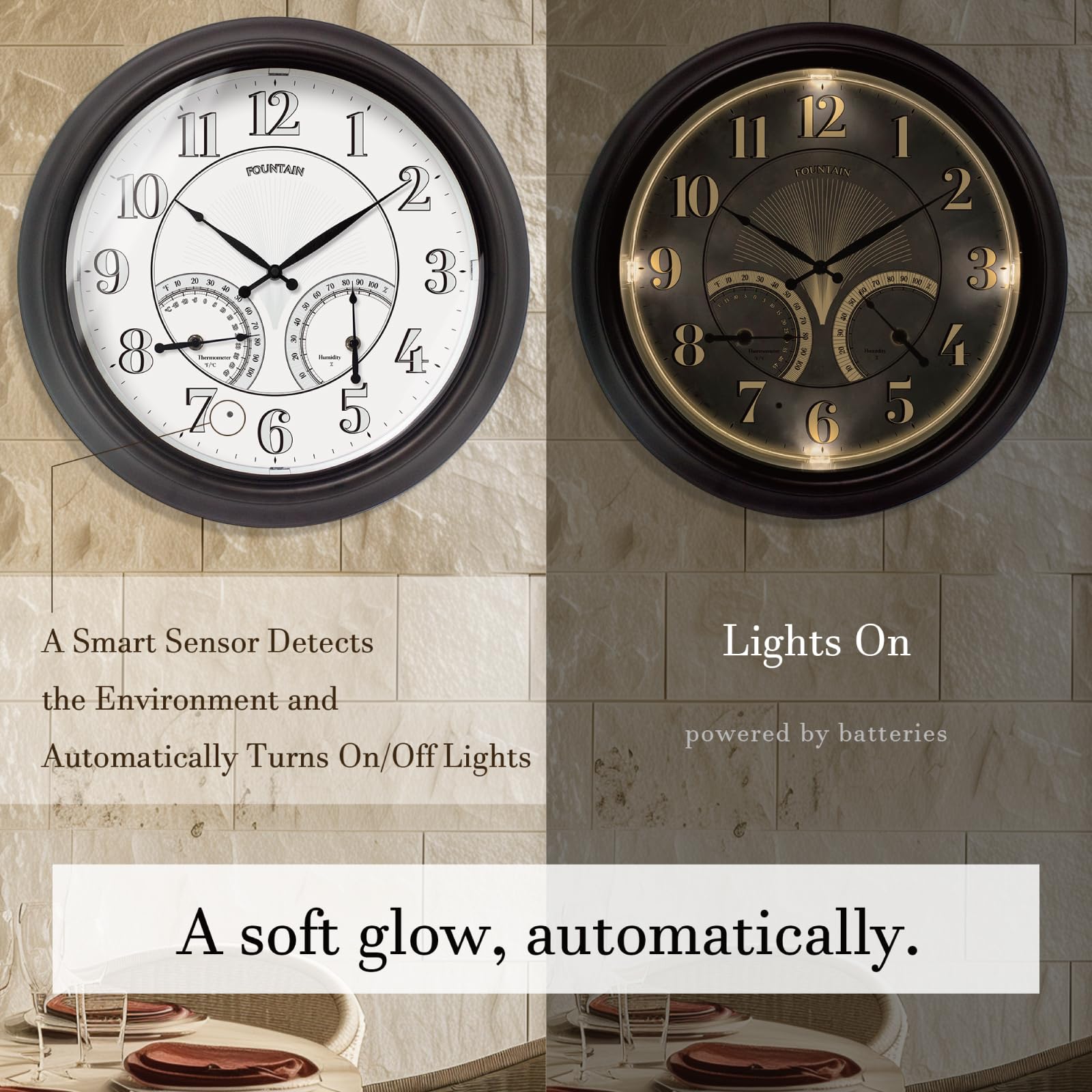 FOUNTAIN DESIGNS close-up of clock dial and hands for easy time reading