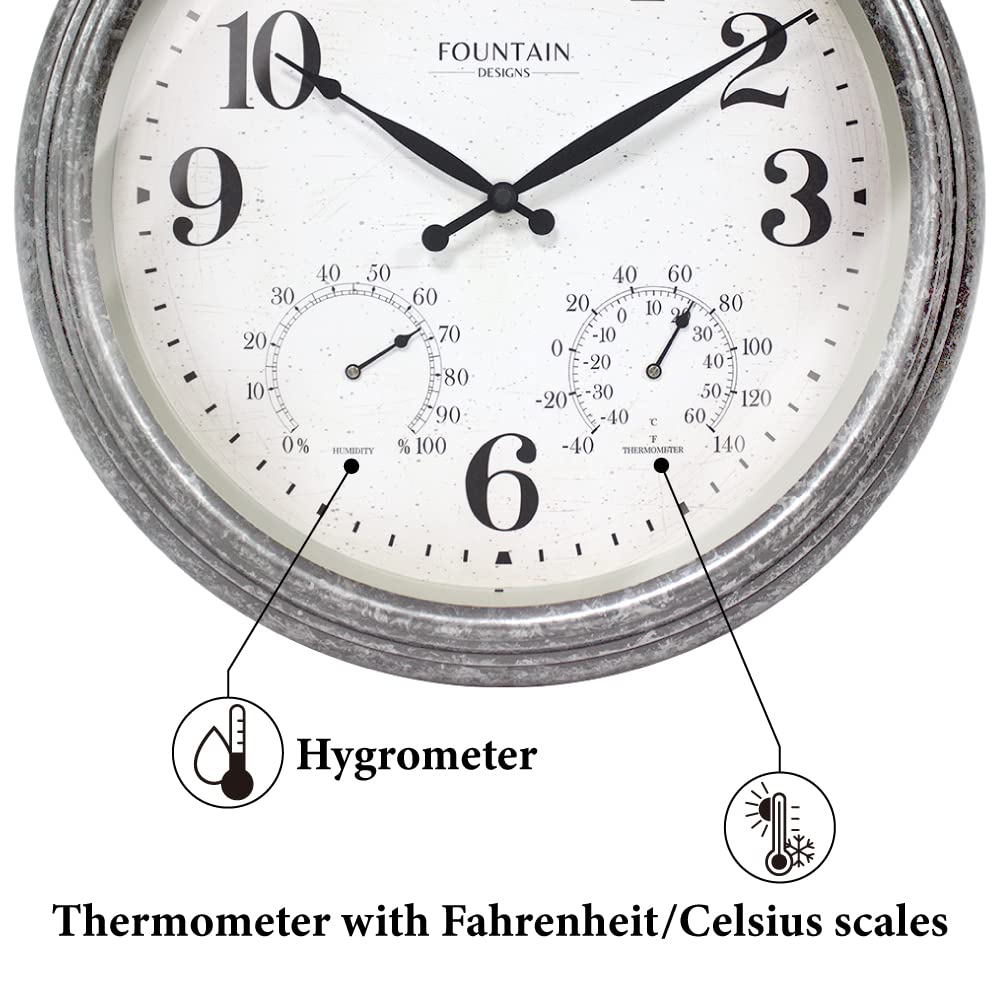 FOUNTAIN DESIGNS dial detail with thermometer and hygrometer for quick environmental readings