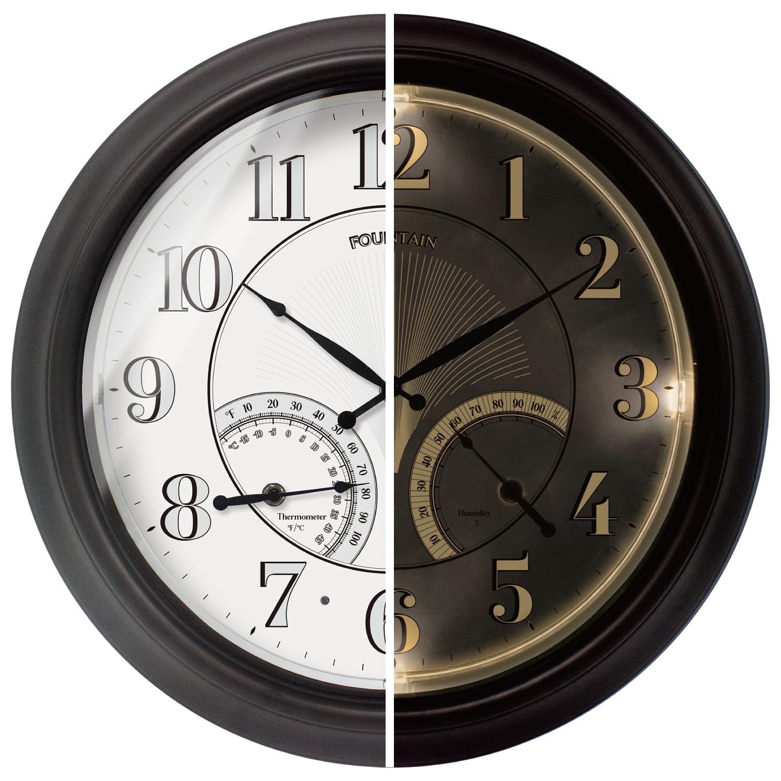 FOUNTAIN DESIGNS front view illuminated outdoor clock shows clear numbers and style