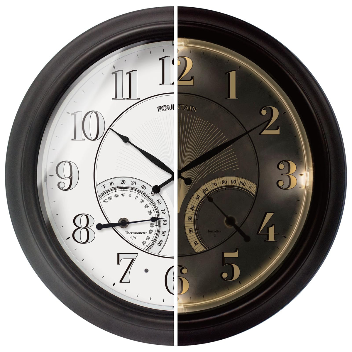 FOUNTAIN DESIGNS front view illuminated outdoor clock shows clear numbers and style