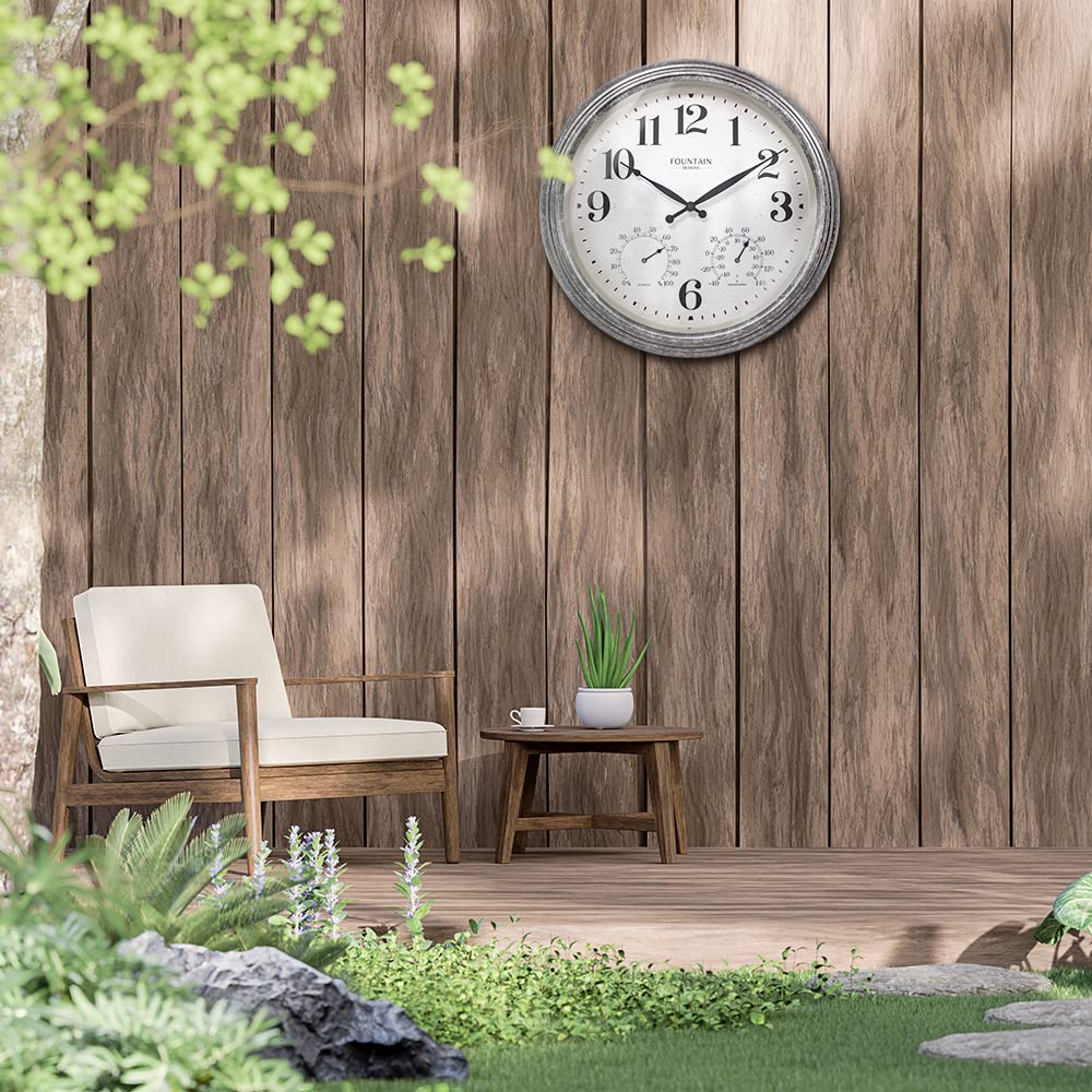 FOUNTAIN DESIGNS clock mounted on patio complementing outdoor decor and weather resistance