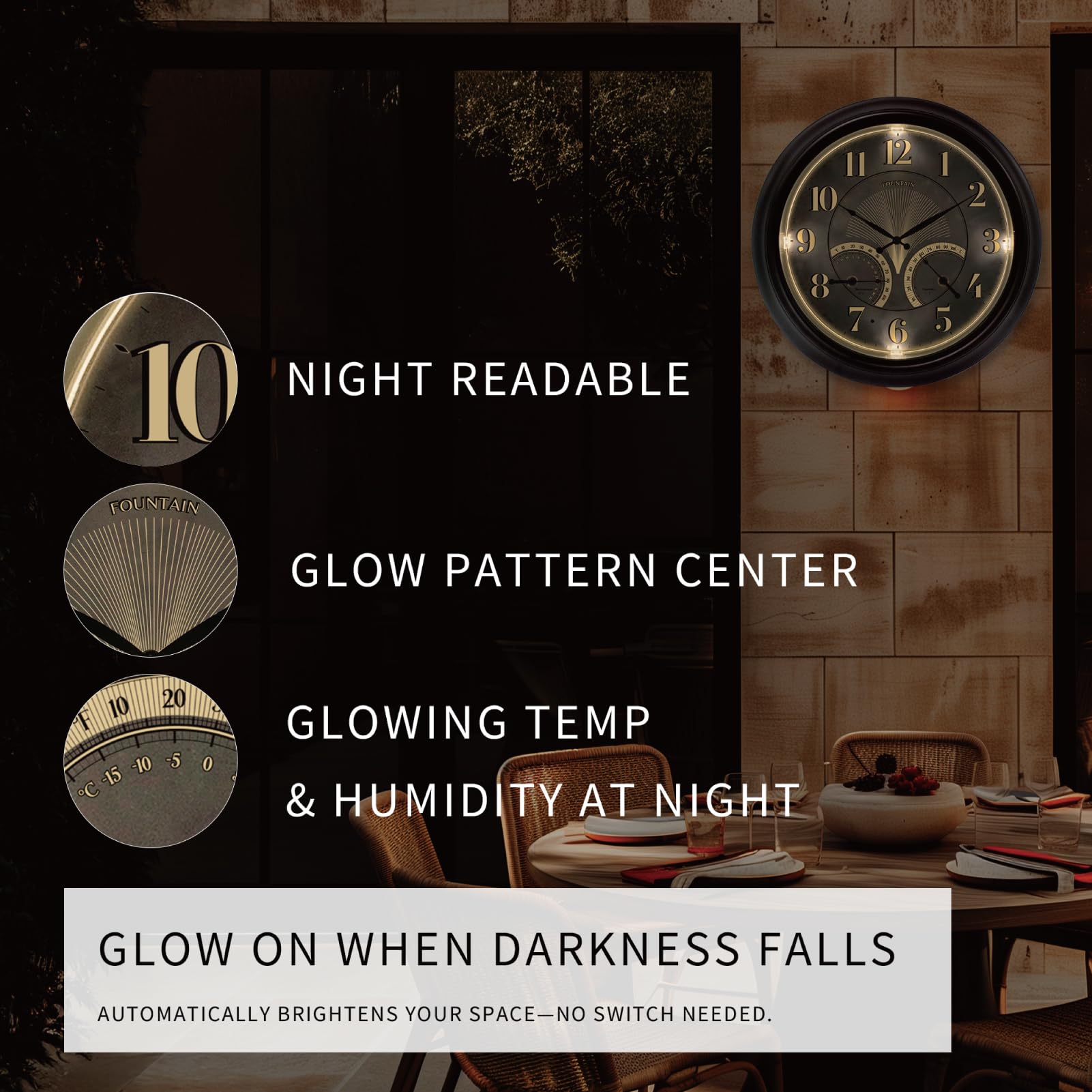 FOUNTAIN DESIGNS LED nightlight glowing on clock for nighttime visibility