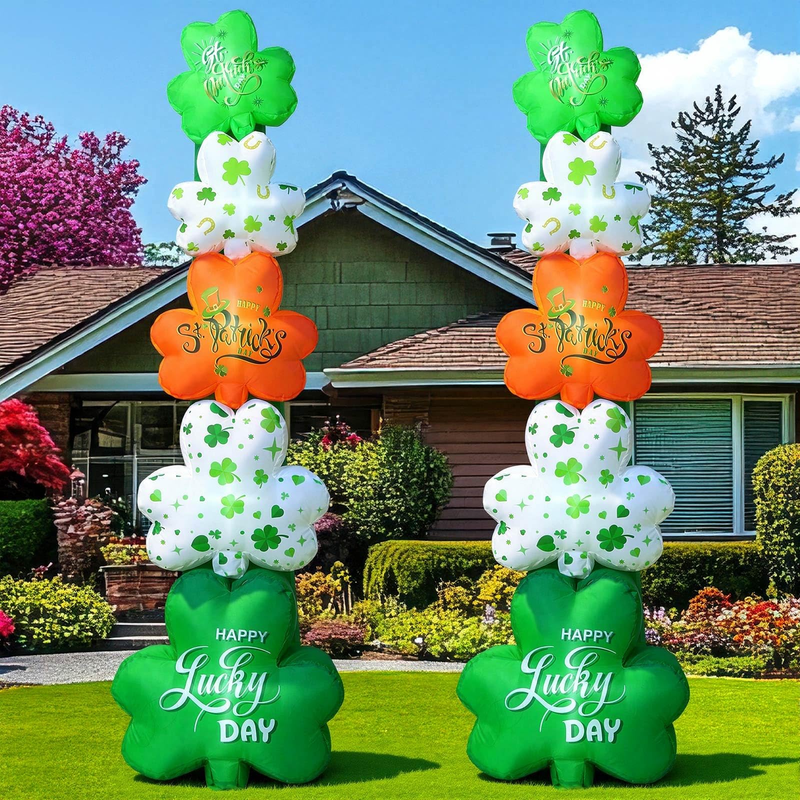 Fourluoo front view of two shamrocks showing festive curb appeal