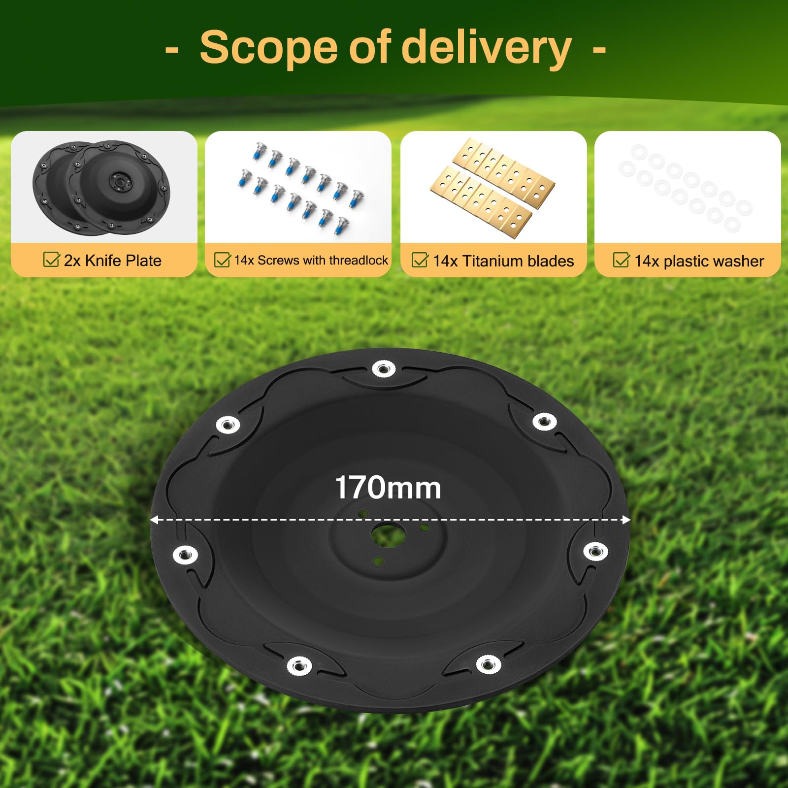 FourShow arranged blades screws and washers showing complete hardware