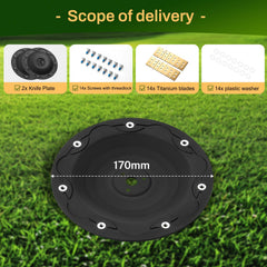 FourShow arranged blades screws and washers showing complete hardware