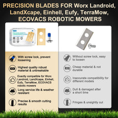 FourShow blades laid out with included galvanized screws showing rust-resistant fastening benefit