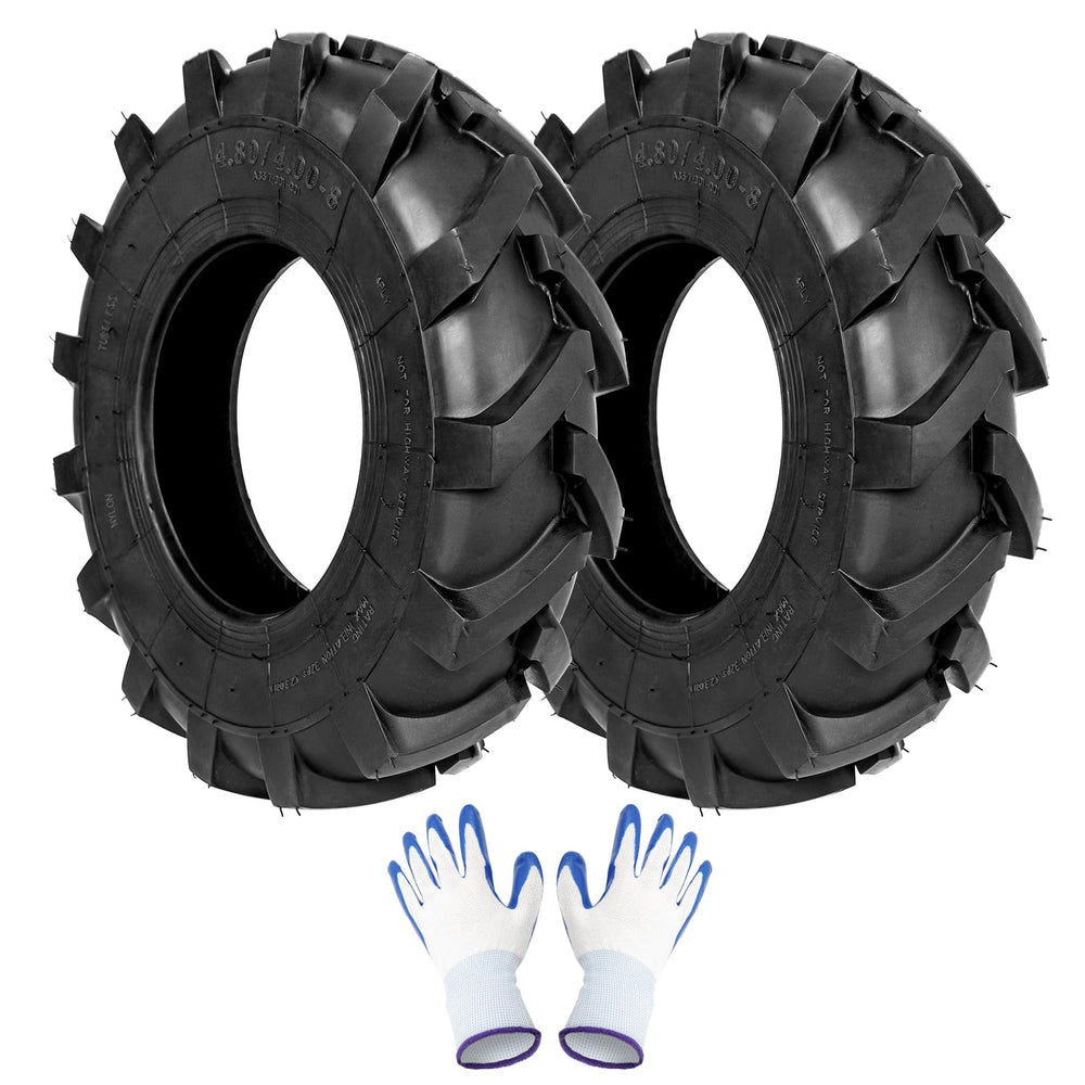 Fourtry front view of two tires and included gloves showing product contents and value