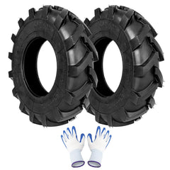 Fourtry front view of two tires and included gloves showing product contents and value