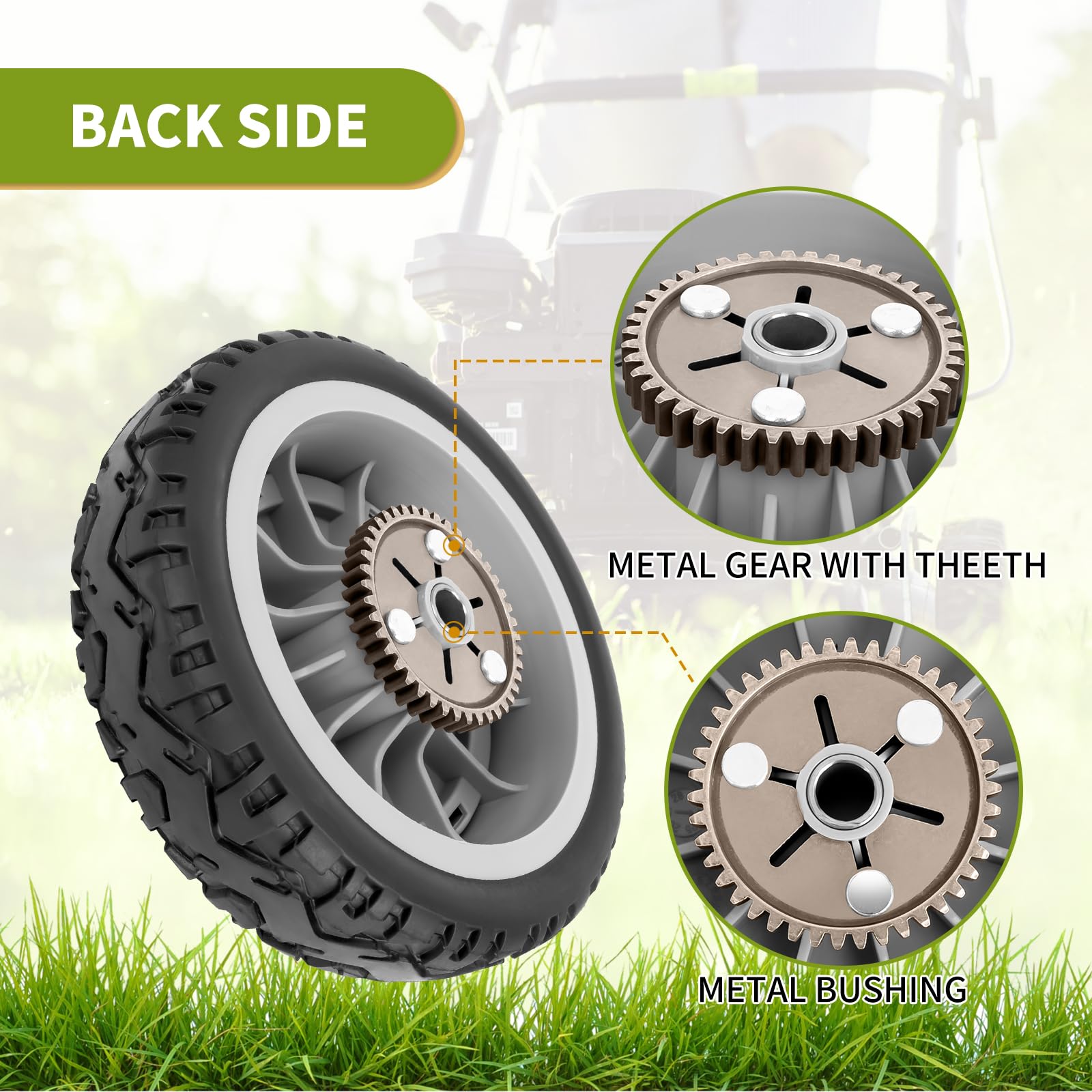 Fourtry wheel installed on Toro mower demonstrating restored propulsion