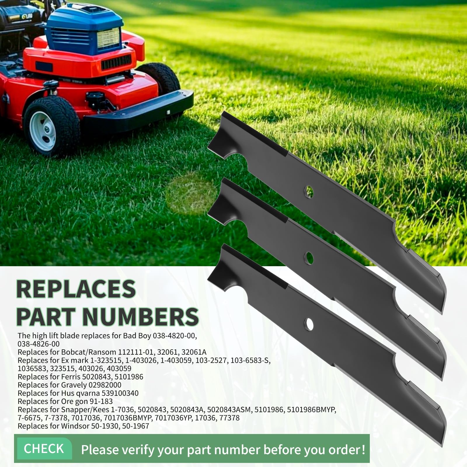 Fourtry blades on a mower cutting lush turf illustrating improved bagging and finish