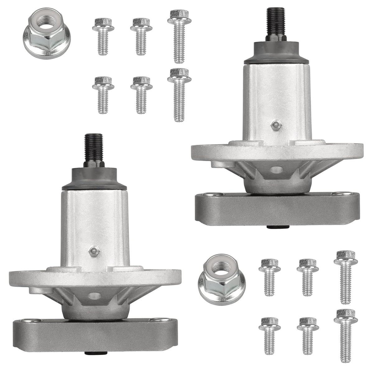 Fourtry spindle front assembly showing mounting holes and shaft, improves deck stability