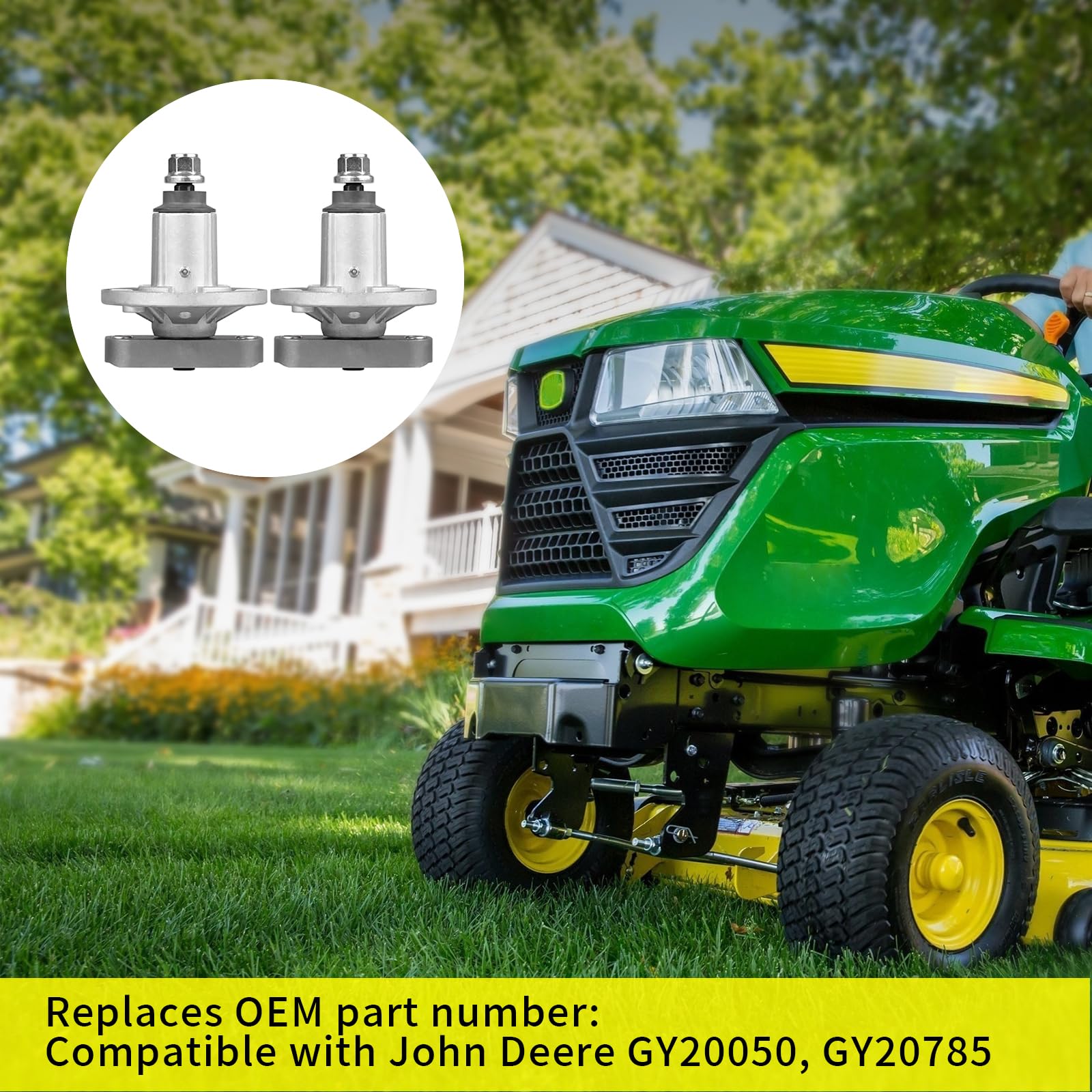 Fourtry spindle on tractor deck in yard, helps maintain even, reliable cutting