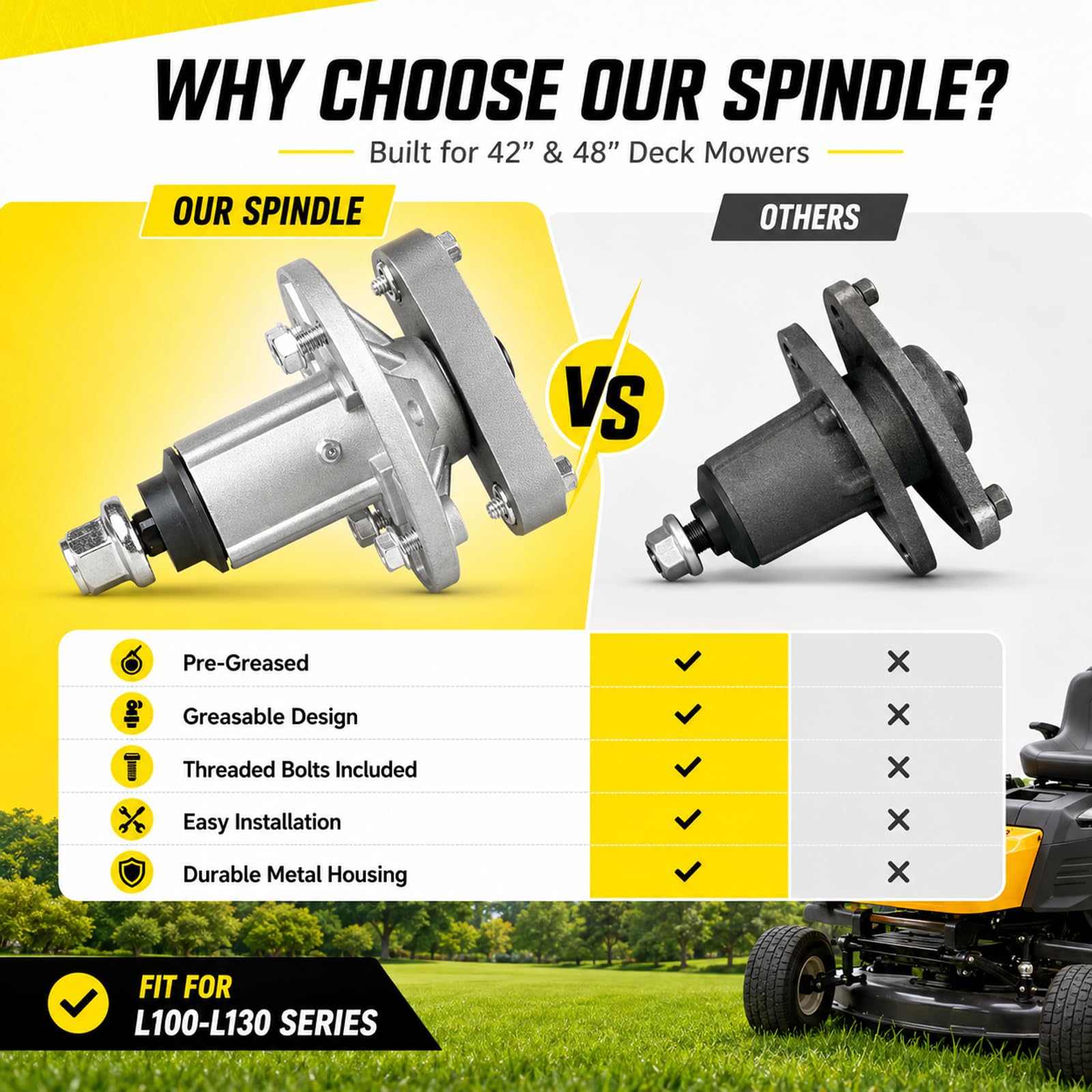 Fourtry spindle showing pulley and blade adapter detail, ensures proper blade attachment