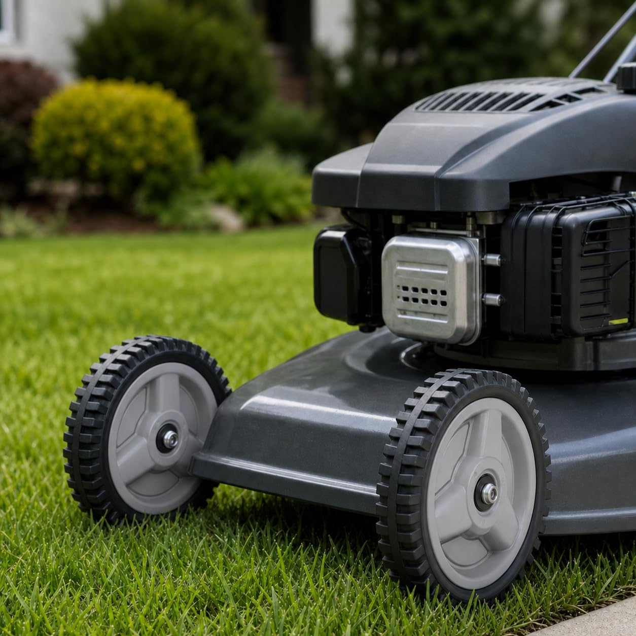 Fourtry wheels on mower in yard demonstrating improved mowing control