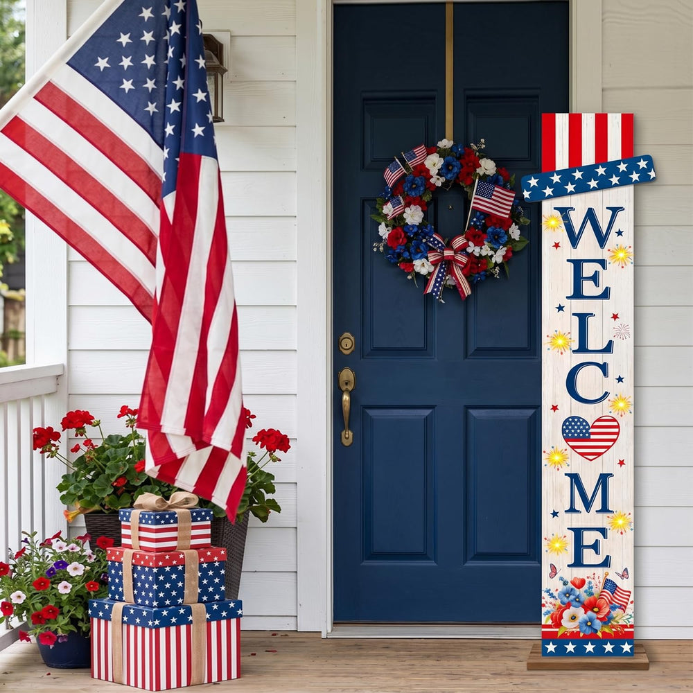 Foutcheou front view of patriotic welcome sign showing farmhouse charm