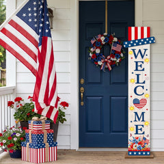 Foutcheou front view of patriotic welcome sign showing farmhouse charm