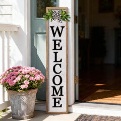 Foutcheou front view of vertical welcome sign adding instant curb appeal