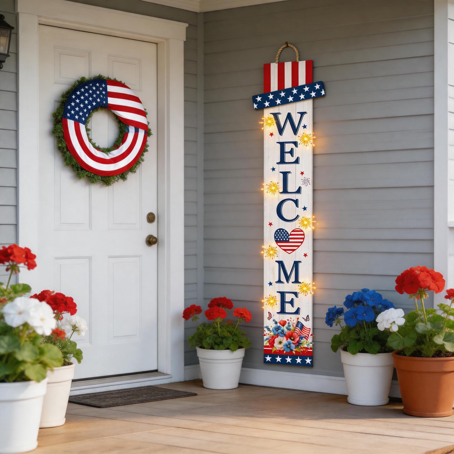Foutcheou nighttime porch lit sign increasing curb appeal after dark