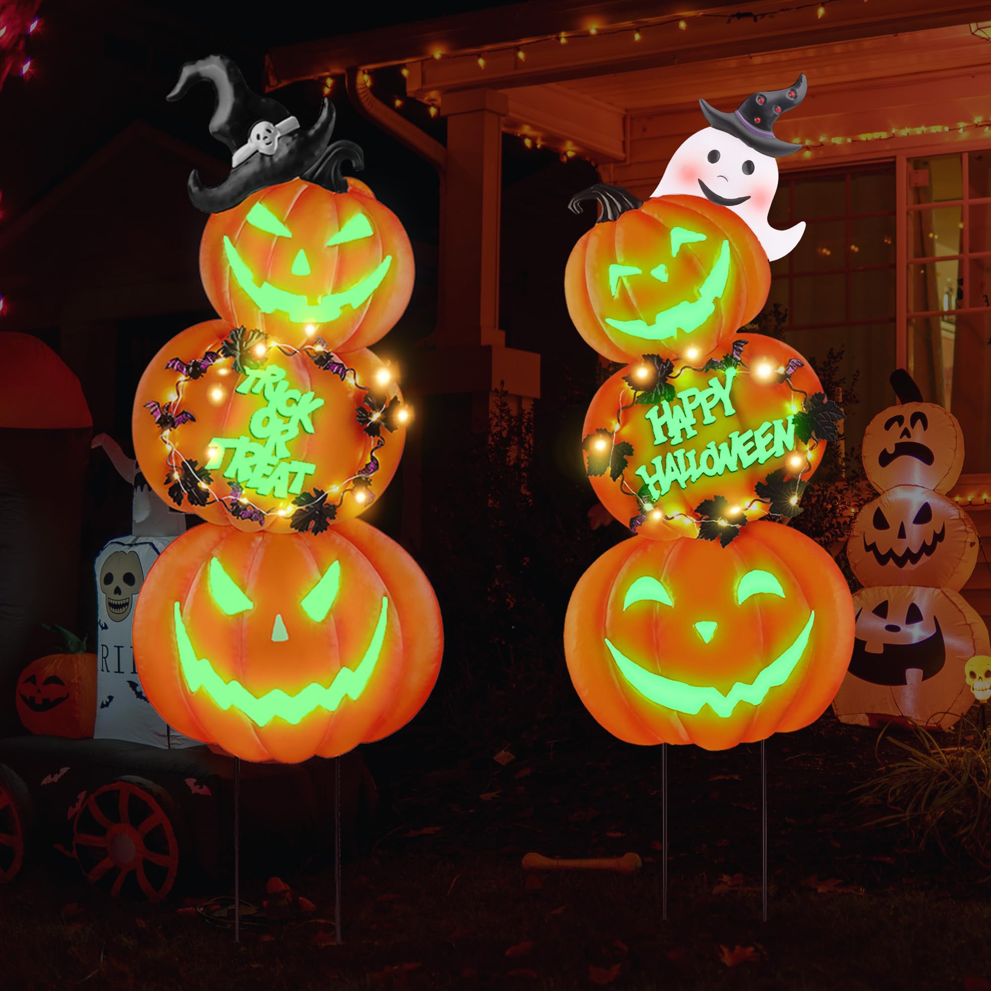 Fovths front view of six metal pumpkin stakes showing full set and stakes benefit curb appeal