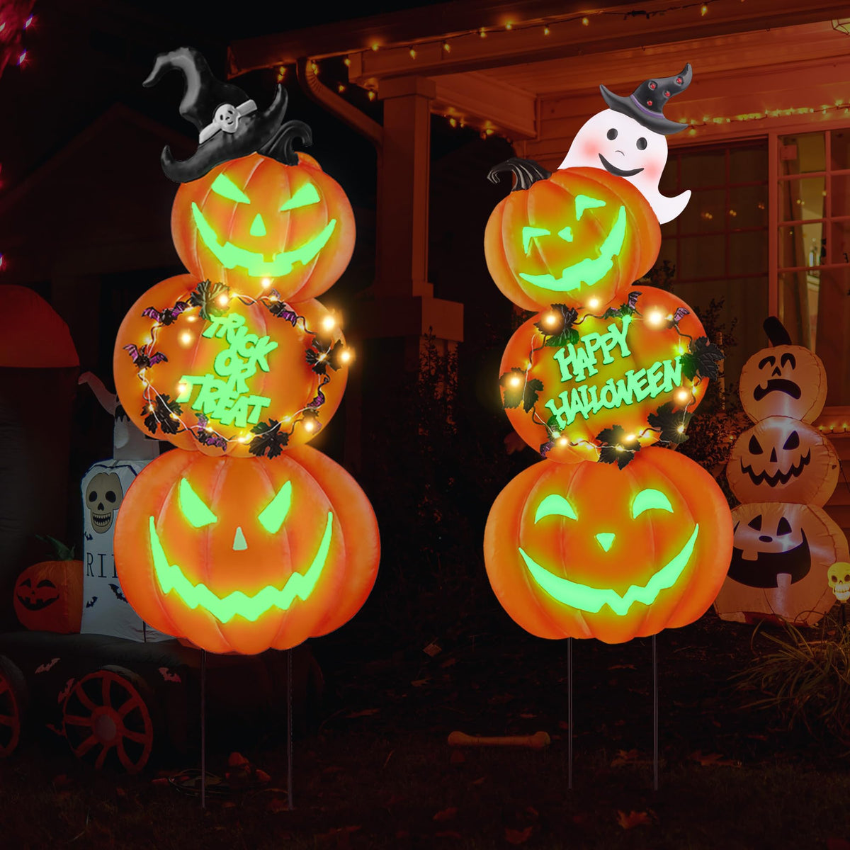 Fovths front view of six metal pumpkin stakes showing full set and stakes benefit curb appeal