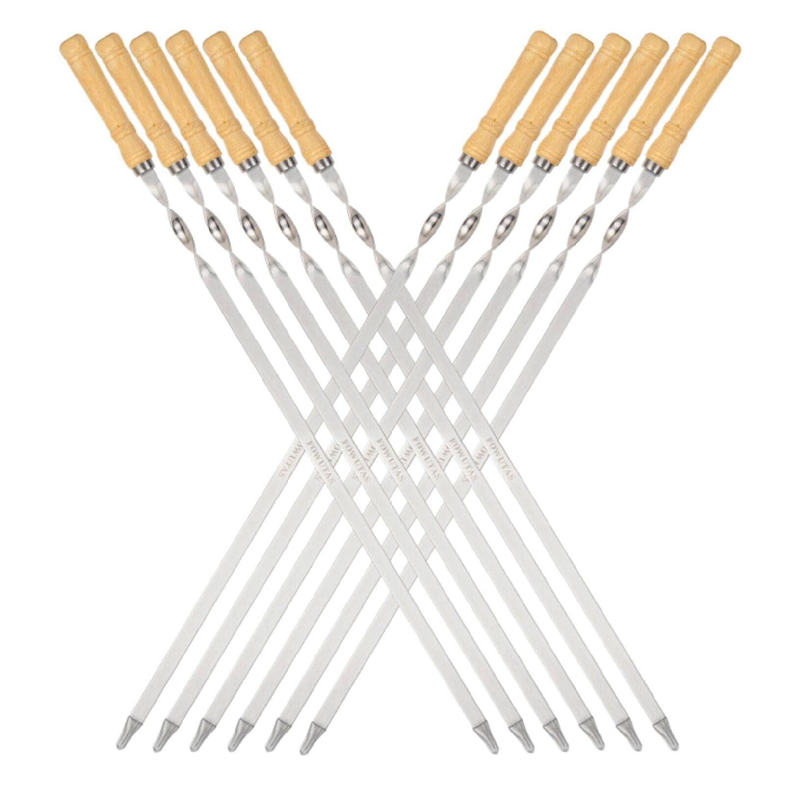 FOWUTAS front view of 12 skewers set showing wooden handles and long blades, convenience