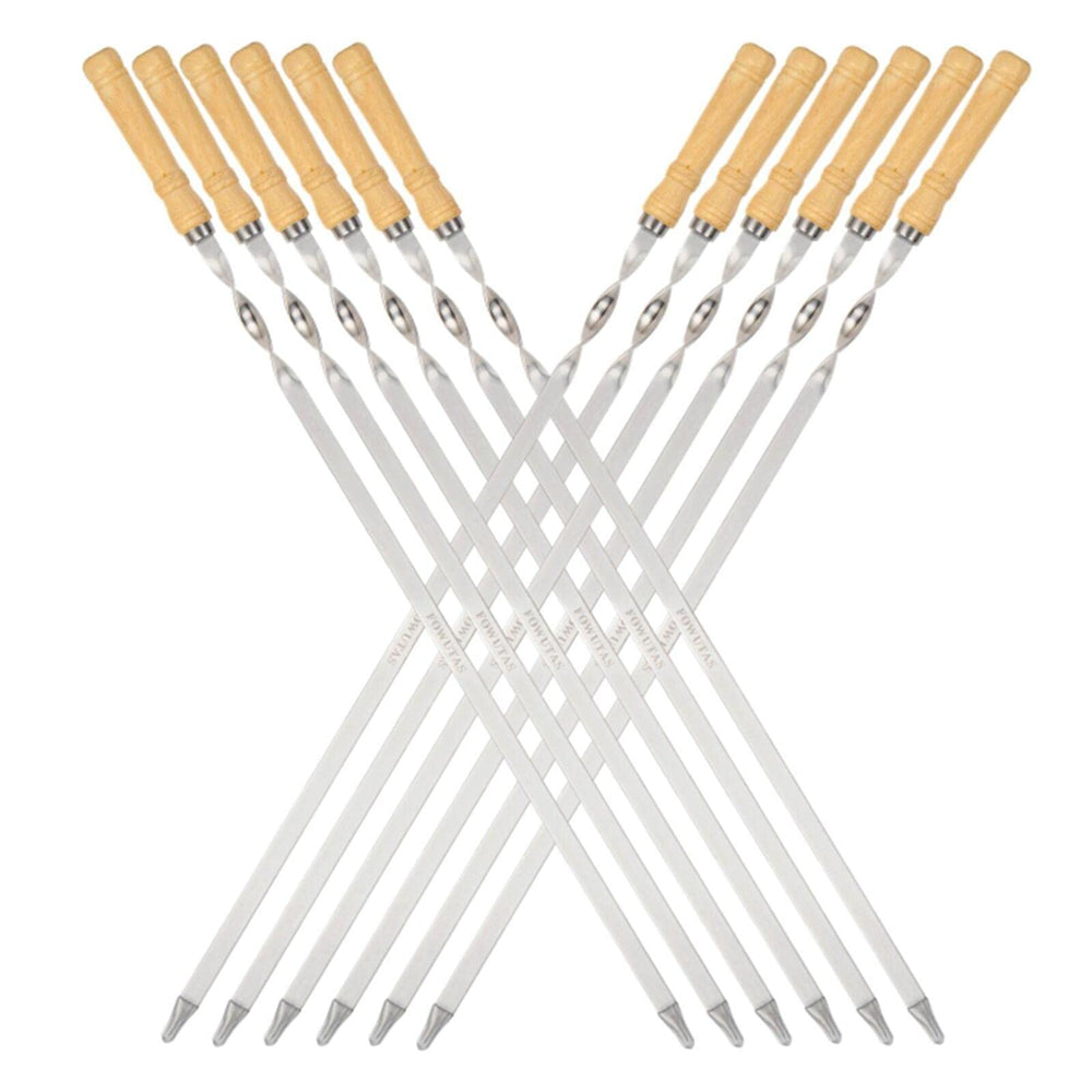 FOWUTAS front view of 12 skewers set showing wooden handles and long blades, convenience