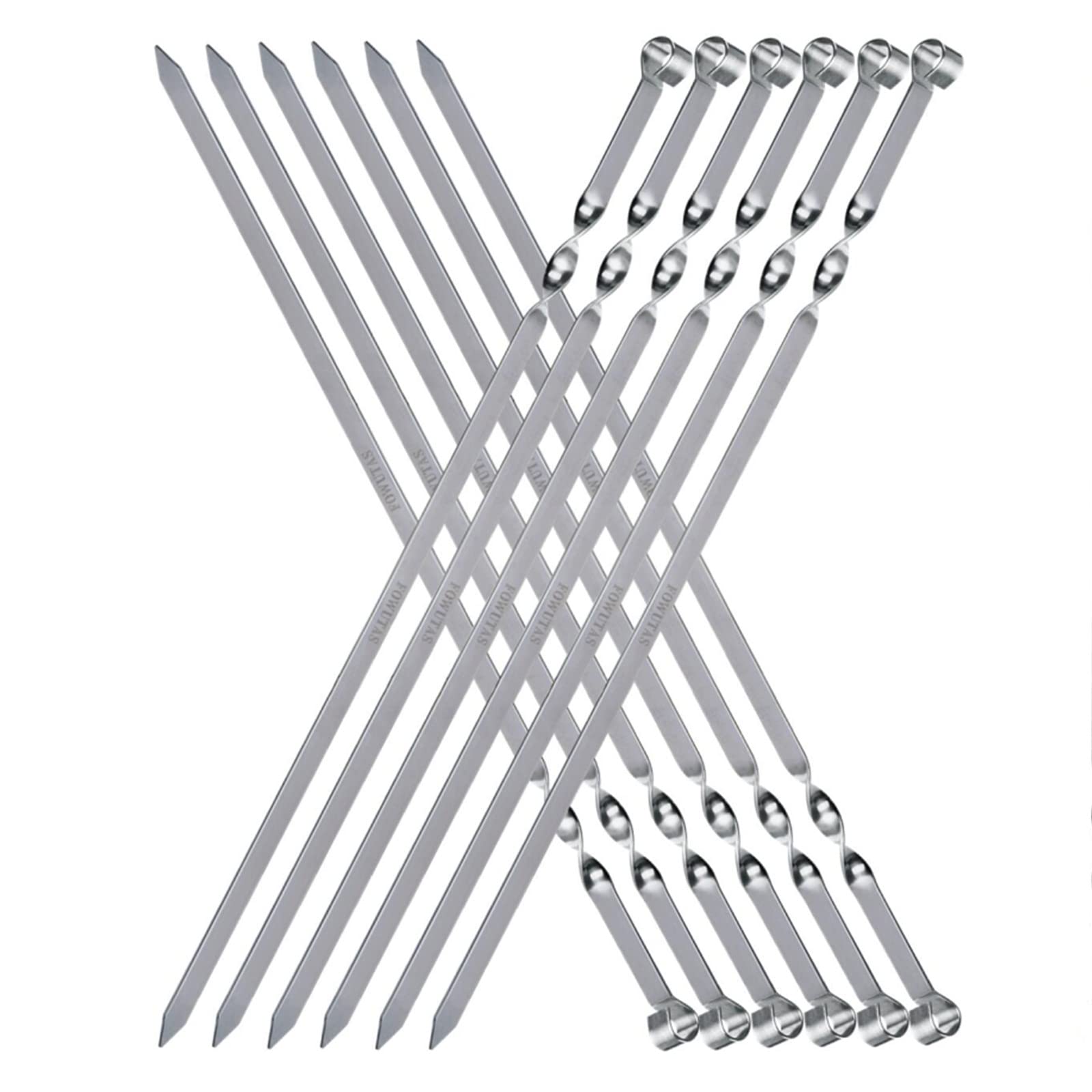 FOWUTAS front view of 12-piece skewers showing long stainless steel set, durable