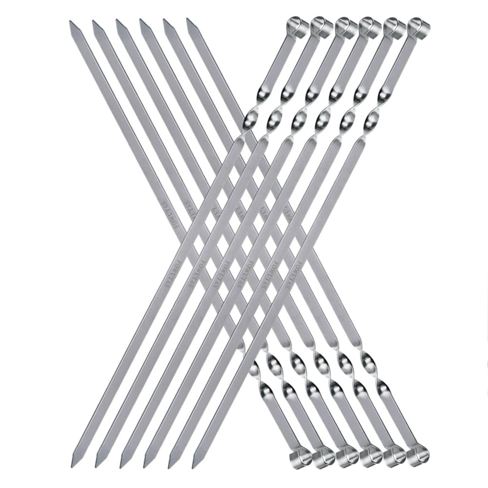 FOWUTAS front view of 12-piece skewers showing long stainless steel set, durable