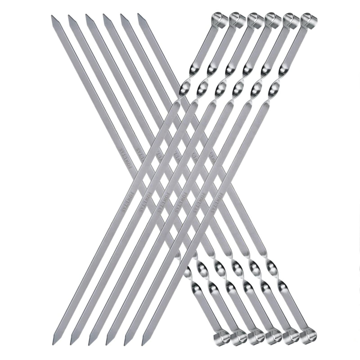 FOWUTAS front view of 12-piece skewers showing long stainless steel set, durable