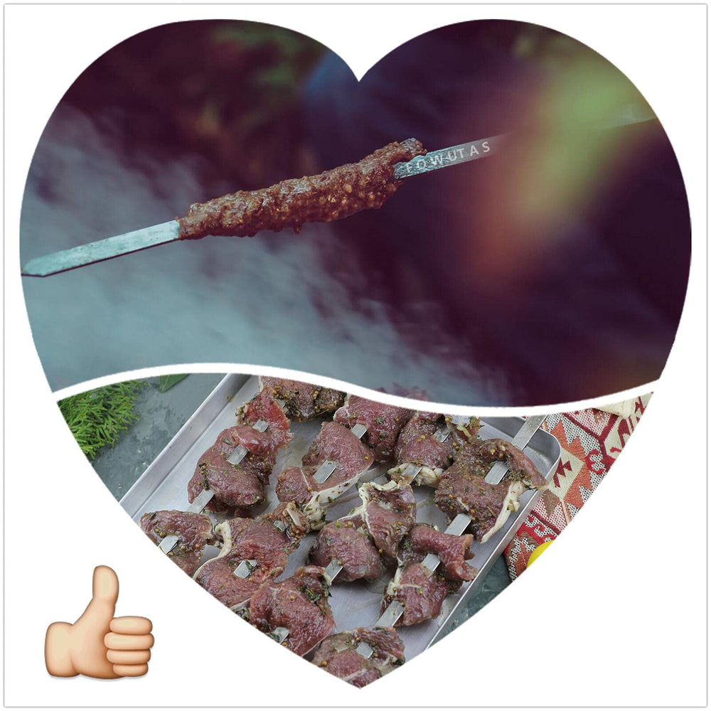 FOWUTAS skewers laid beside a ruler showing 22" length for larger kebabs