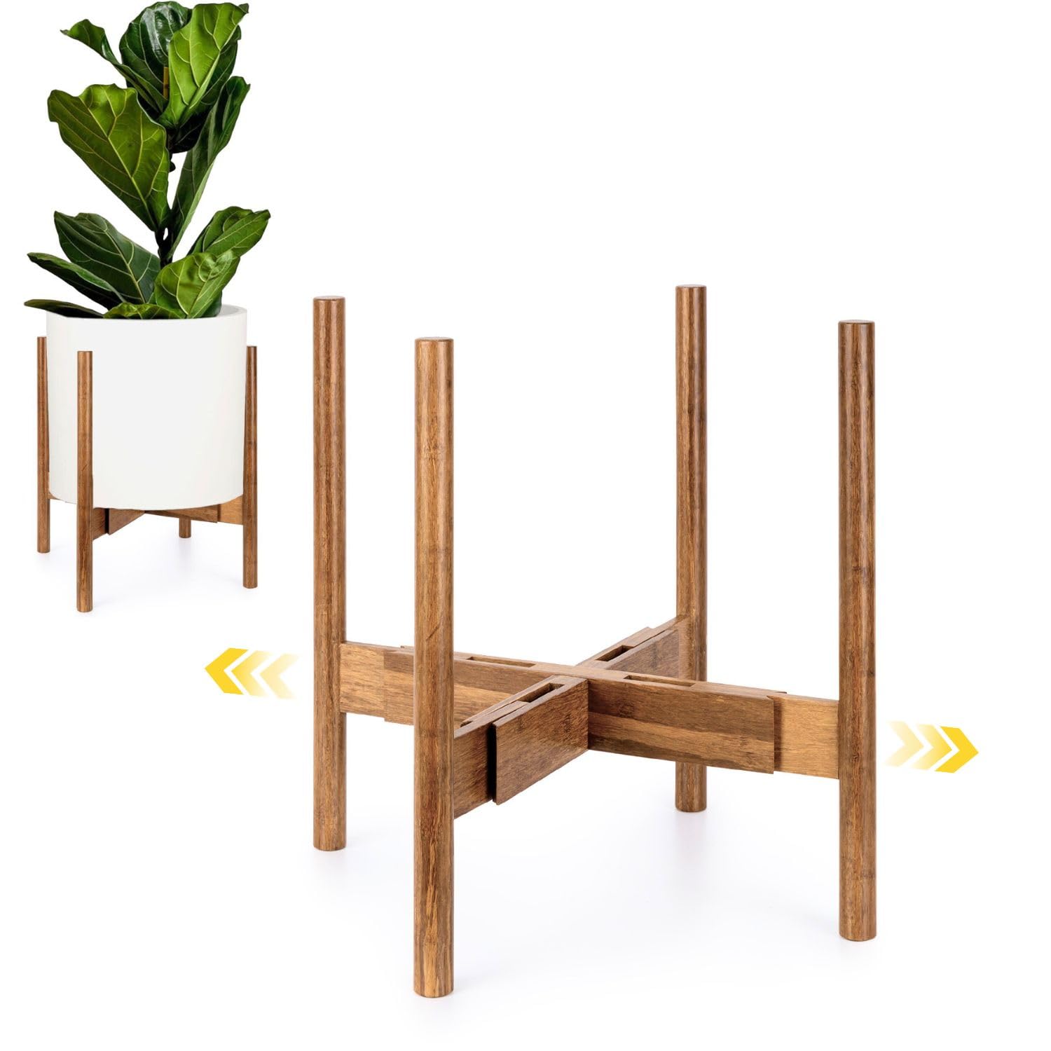Fox & Fern front view of bamboo adjustable plant stand shows sleek profile and stability