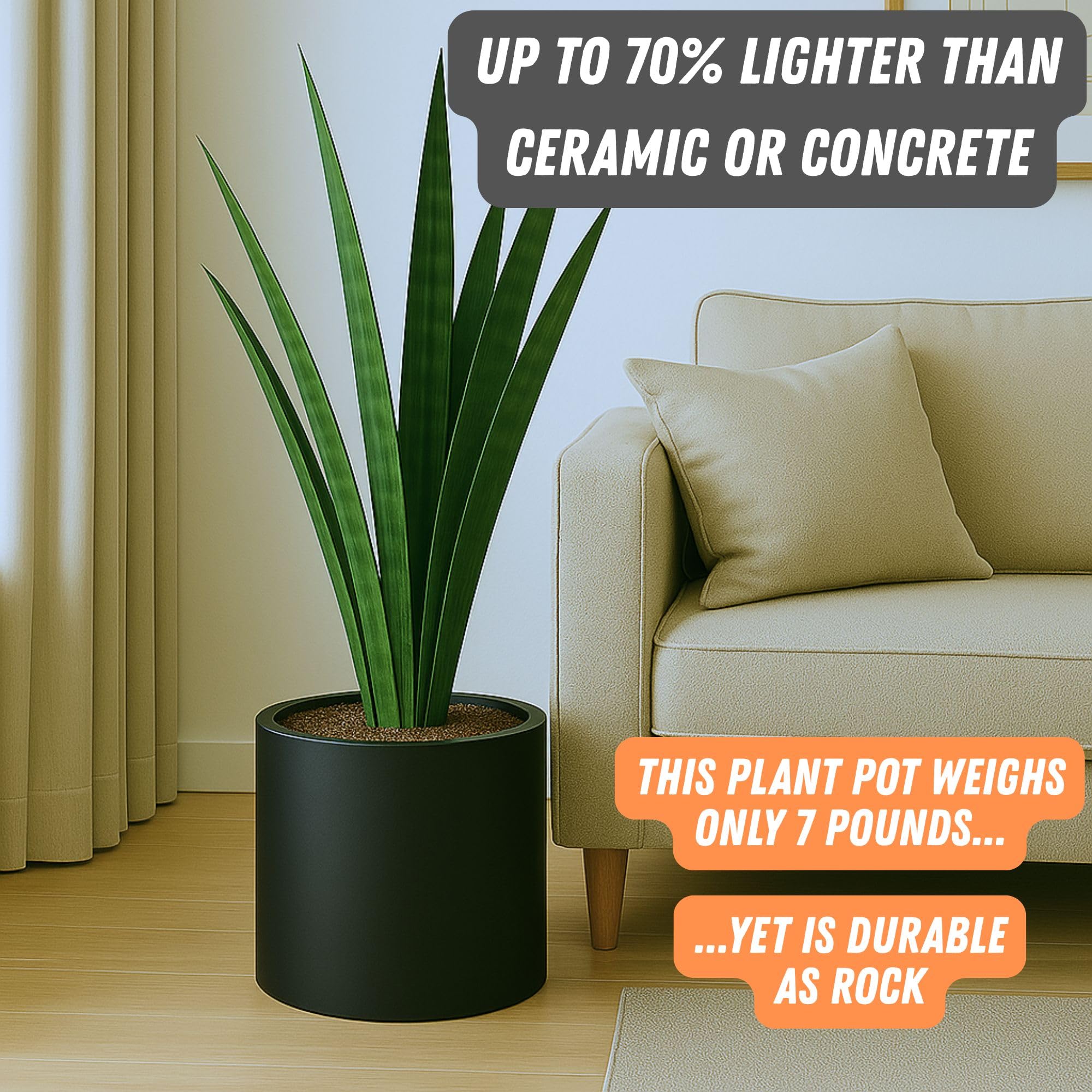 Fox & Fern planter texture close-up highlighting matte fiberstone surface and easy-clean benefit