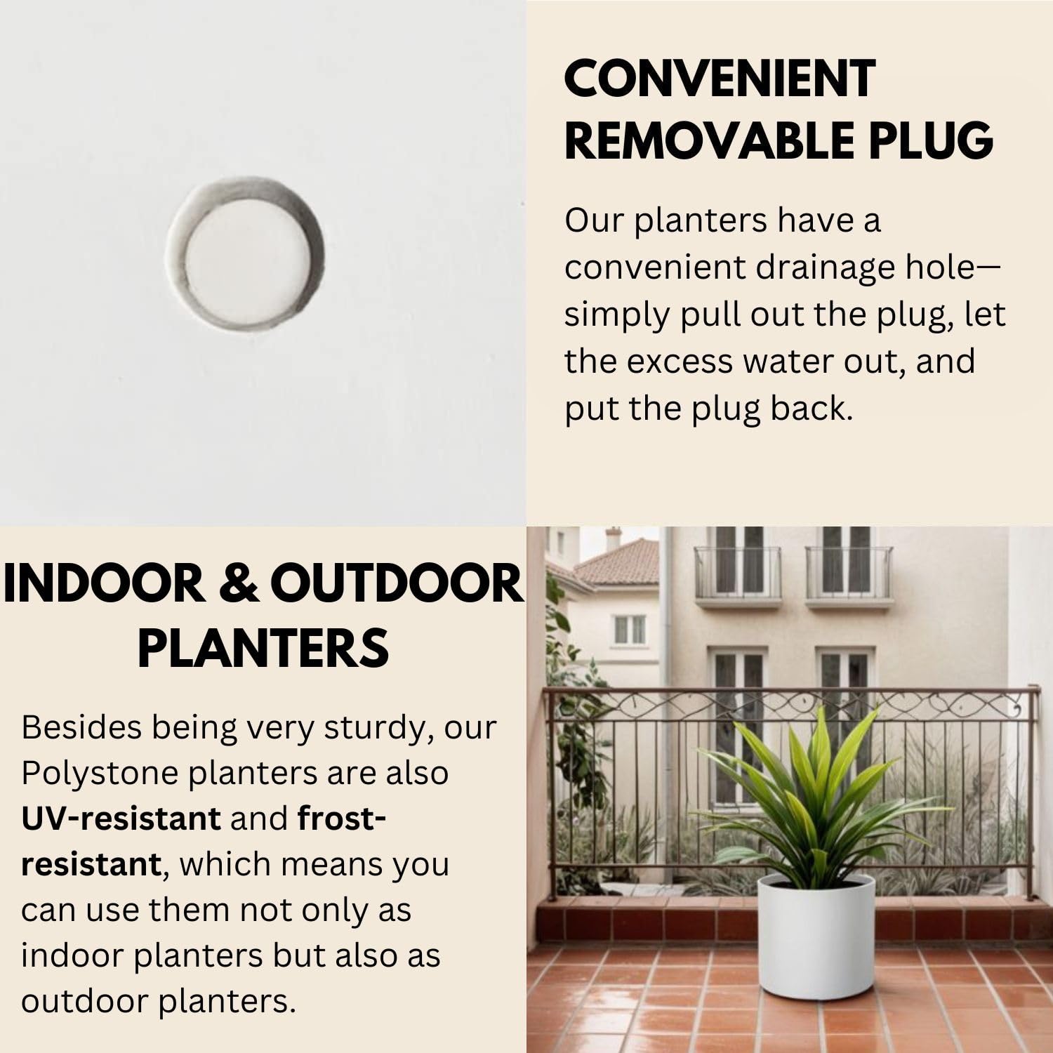 Fox & Fern removable drainage plug detail for easy indoor-outdoor water control