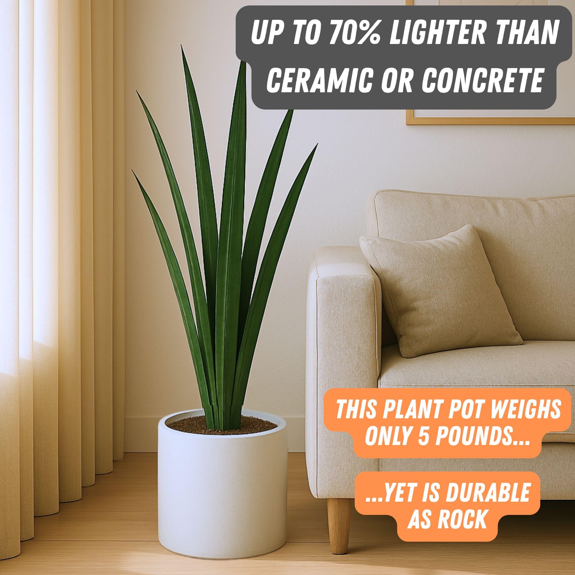 Fox & Fern planter holding fiddle leaf fig in living room, creating a stylish focal point