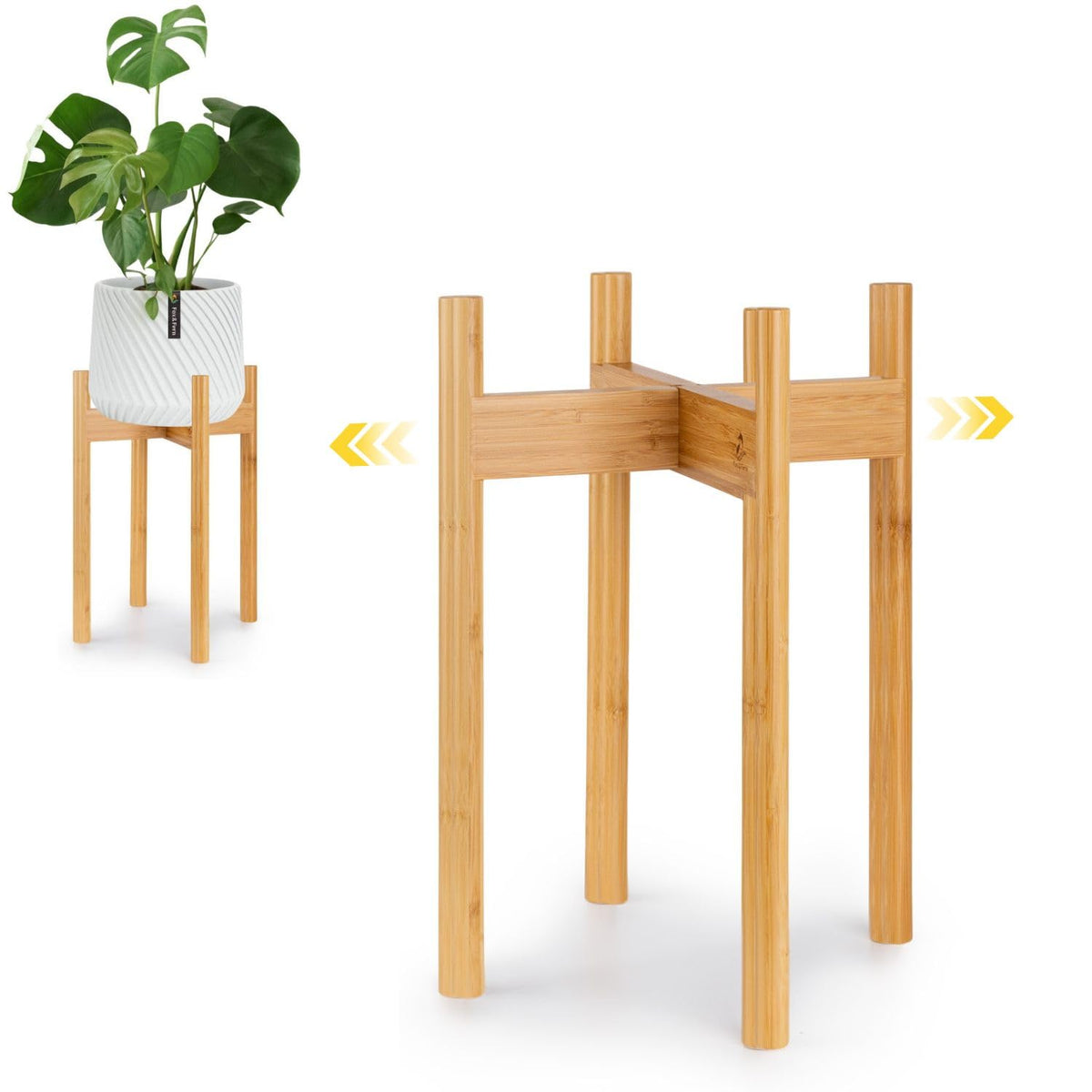 Fox & Fern bamboo plant stand front view showing stable modern style and warm tone