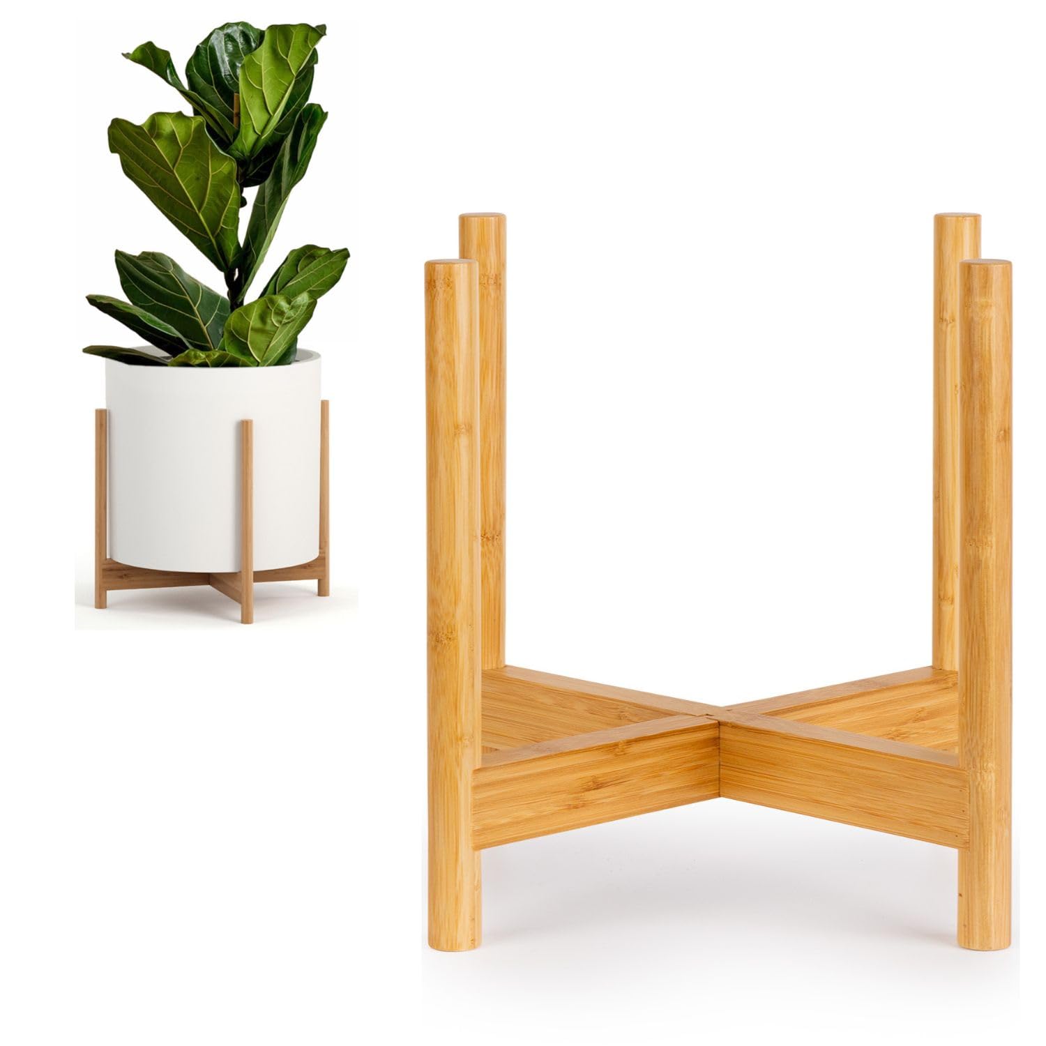 Fox & Fern front view of bamboo plant stand showing mid century silhouette and balance