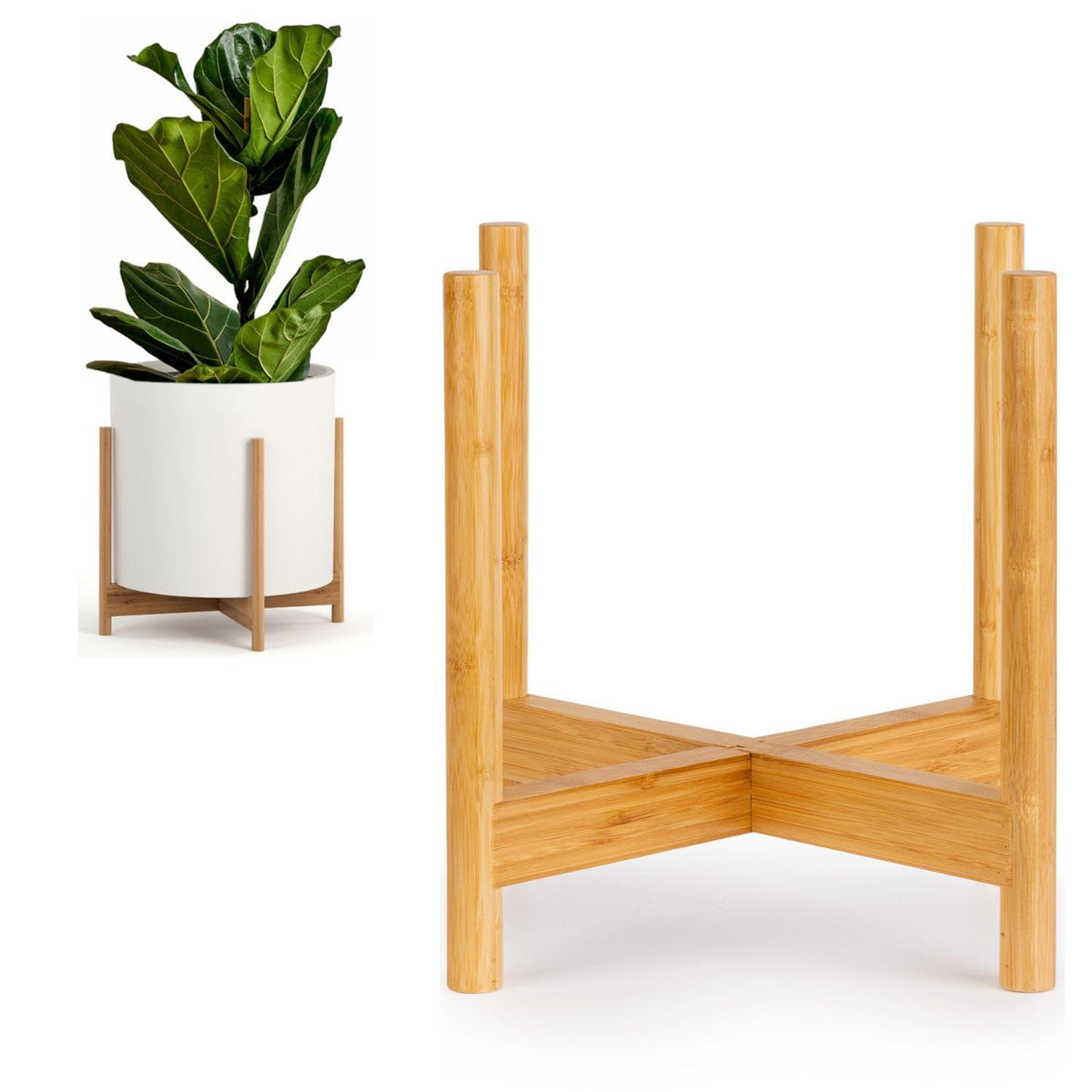 Fox & Fern front view of bamboo plant stand showing mid century silhouette and balance