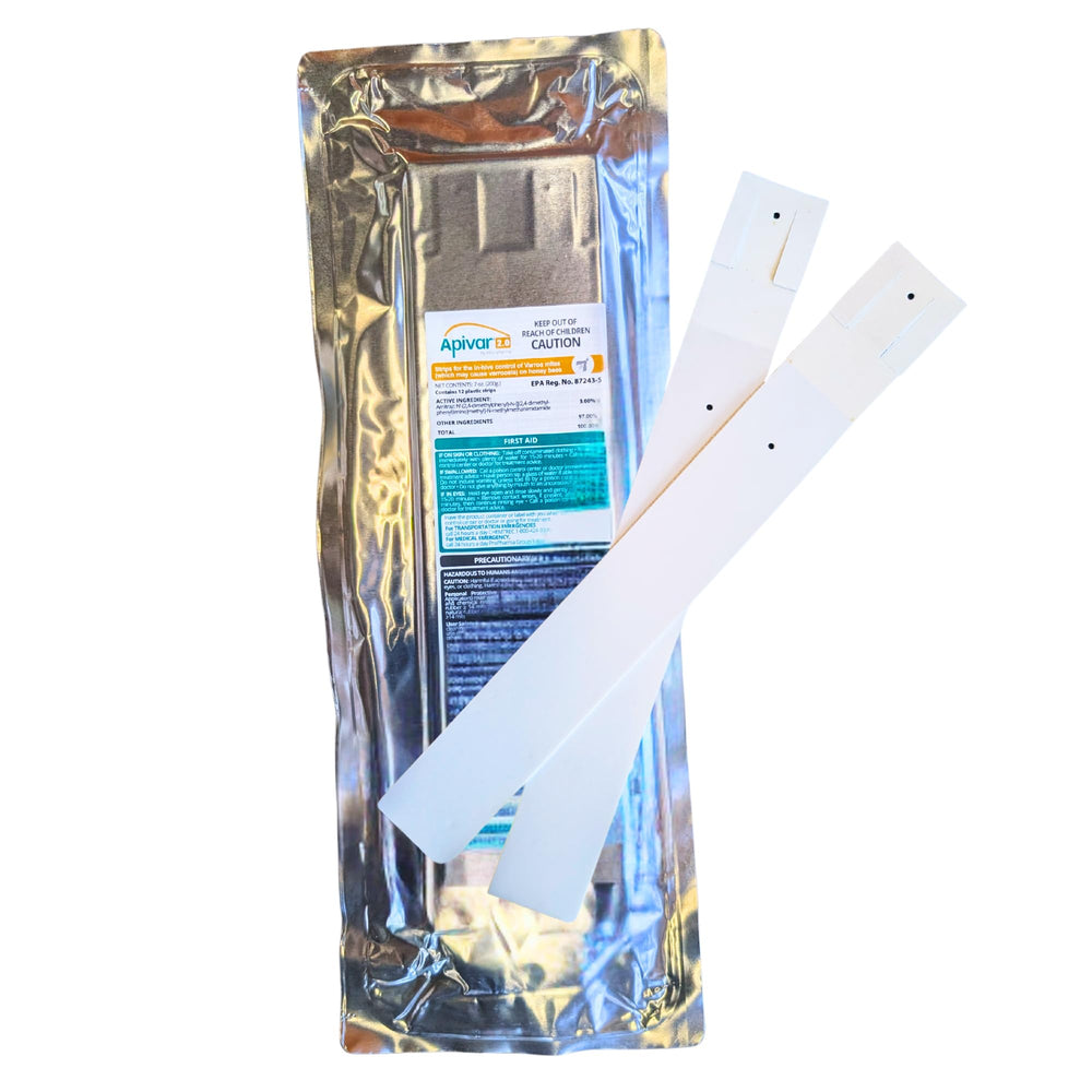 Foxhound Bee Company Apivar 2.0 front packaging showing 12 strips and product name benefit