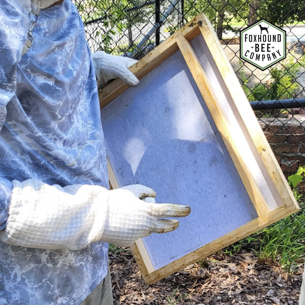 Foxhound Bee Company board next to hive frame showing compact size and scale benefit