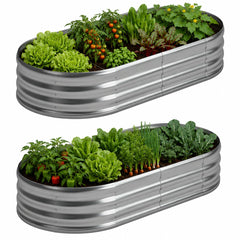 Foxlang front view of oval raised bed showing sturdy galvanized frame and clean lines